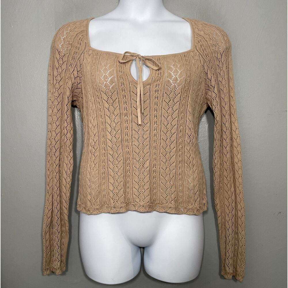 American Eagle Crochet Knit Sweater Size XL Tan Pointelle Boho Romantic Y2K